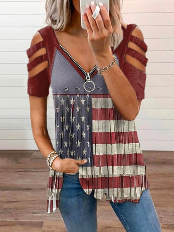 Women's Independence Day Flag Denim Blue Print V-Neck T-Shirt