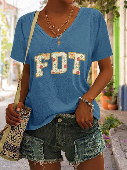 V-neck Retro FDT Flowers 86 47 Print T-Shirt