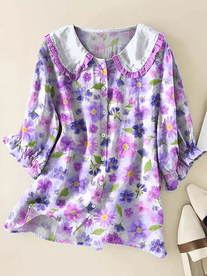 Women's Alzheimer's Floral Doll Collar Casual Shirt