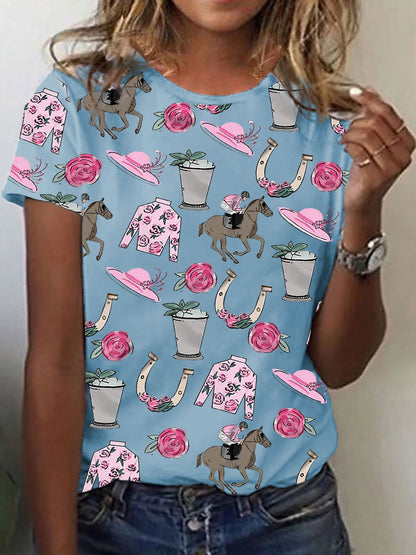 Women's Derby Horse painting print crew neck T-shirt
