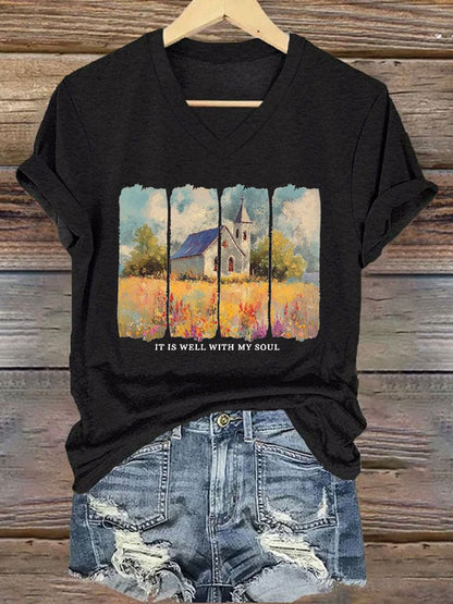 Women'S Casual It Is Well With My Soul Wildflower Christian Bible Verse Print Short Sleeve T-Shirt