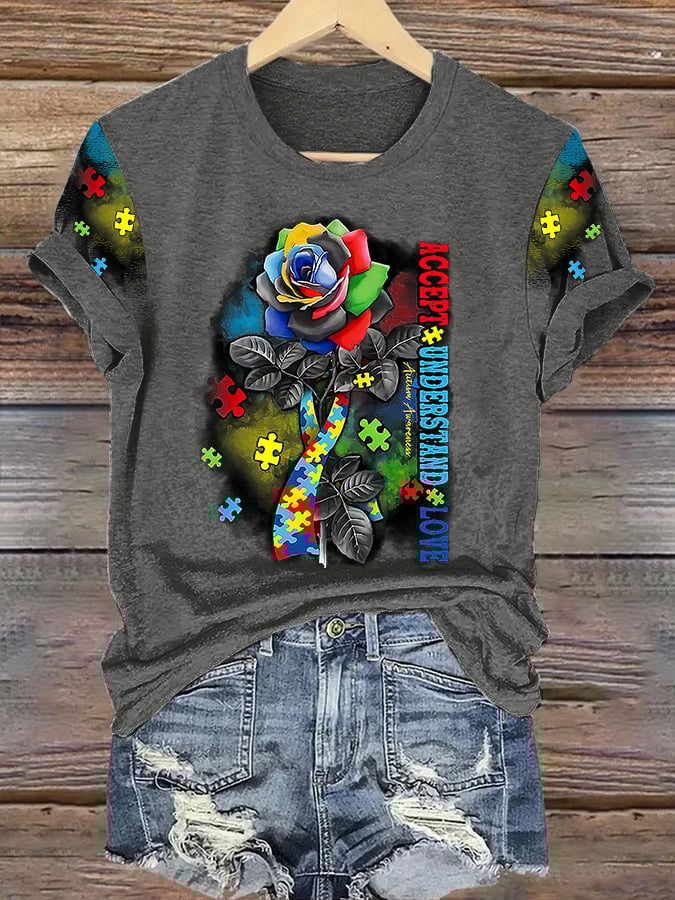 Retro Autism Awareness Accept, Understand, Love Rose Ribbon Print T-Shirt