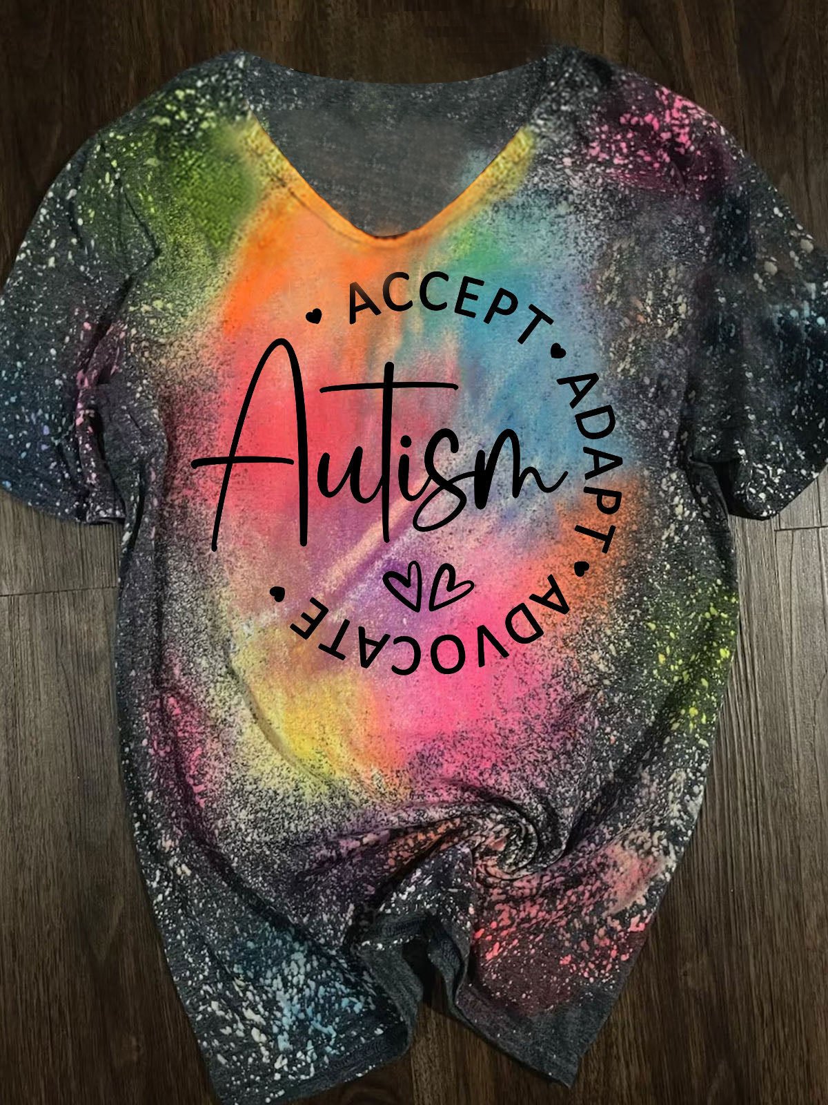 Women's Autism Awareness Autism Accept Adapt Advocate Print Tie Dye V-Neck T-Shirt
