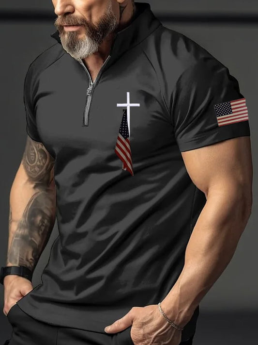 🔥Buy 3 Get 10% Off🔥Men's Flag Cross Print Polo Shirt