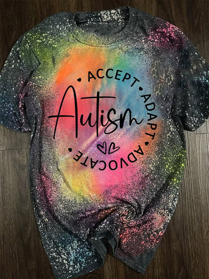 Women's Autism Awareness Autism Accept Adapt Advocate Tie Dye T-Shirt