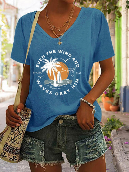 Women's Casual Christian Faith Bible Verse Palm Tree Print V-Neck Short Sleeve T-Shirt
