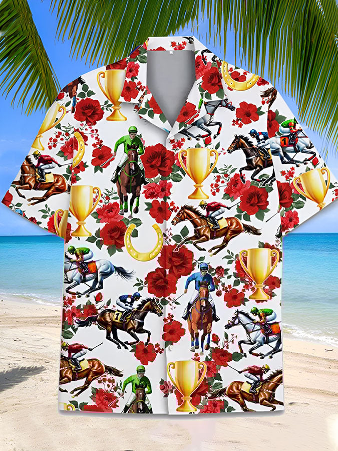 Men's Horse Racing Print Fashion Short Sleeve Shirt