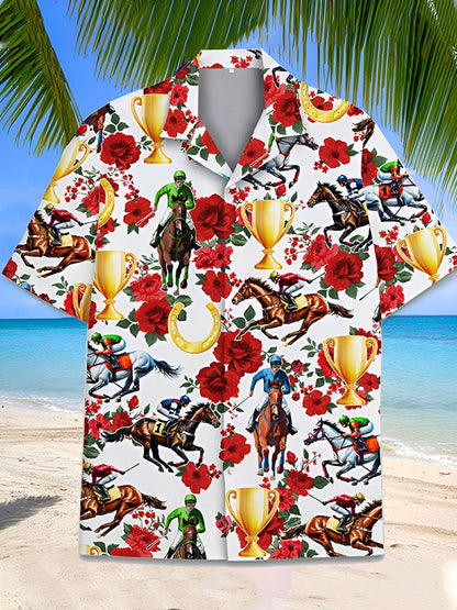 Men's Horse Racing Print Fashion Short Sleeve Shirt