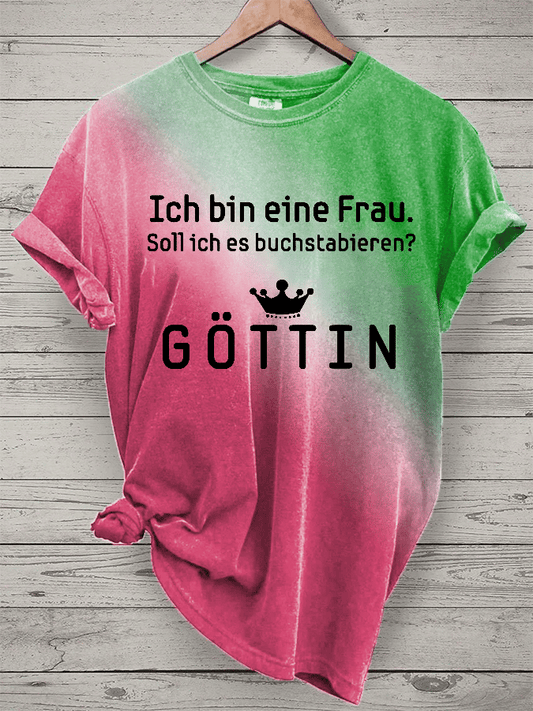 “I'm a woman! Should I spell it?” Women's round-neck T-shirt.