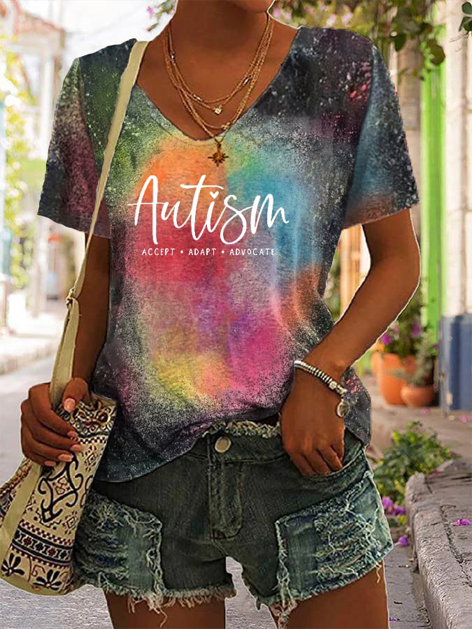 Women's Autism Awareness Autism Accept Adapt Advocate V-Neck T-Shirt