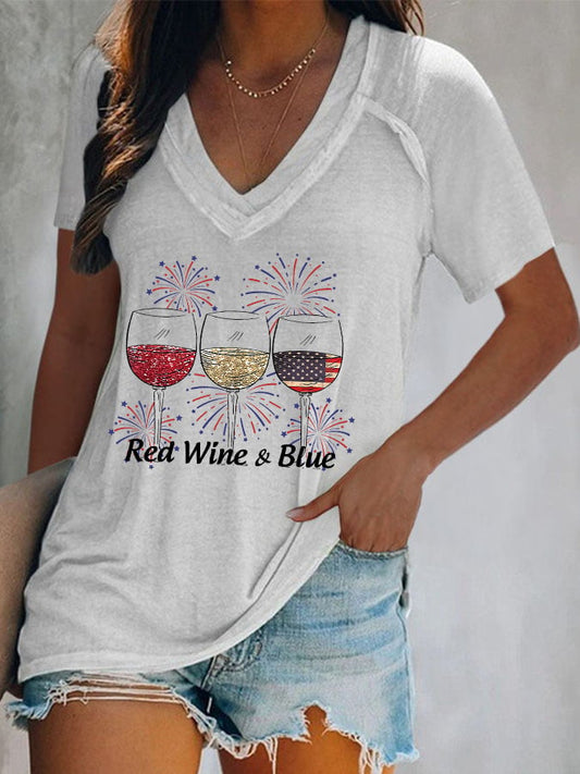 Women's Red Wine and Blue Print T-Shirt