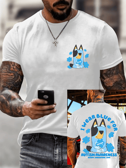 Men's Retro Autism Awareness I Wear Blue For Autism Printed Round Neck T-Shirt