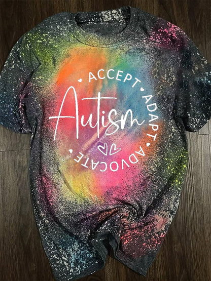 Women's Autism Awareness Autism Accept Adapt Advocate Tie Dye T-Shirt