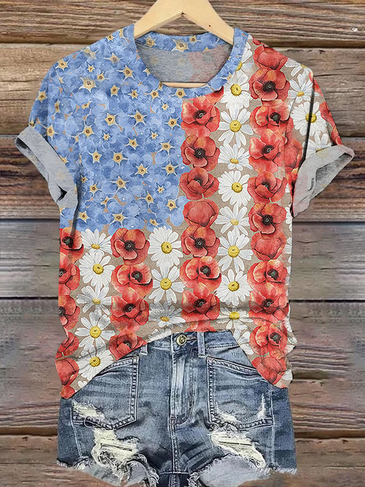 Retro Patriotic Flower Myosotis & Poppy Print T-Shirt
