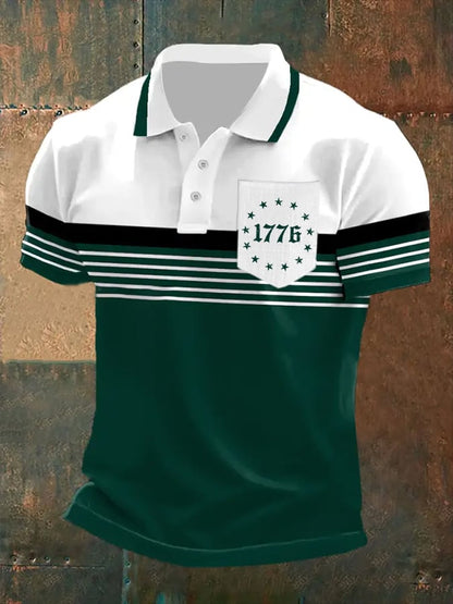 Men's Independence Day Retro Striped Casual Print With Pockets Polo Shirt